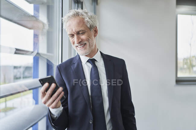 Businessman using cell phone at the window — Stock Photo