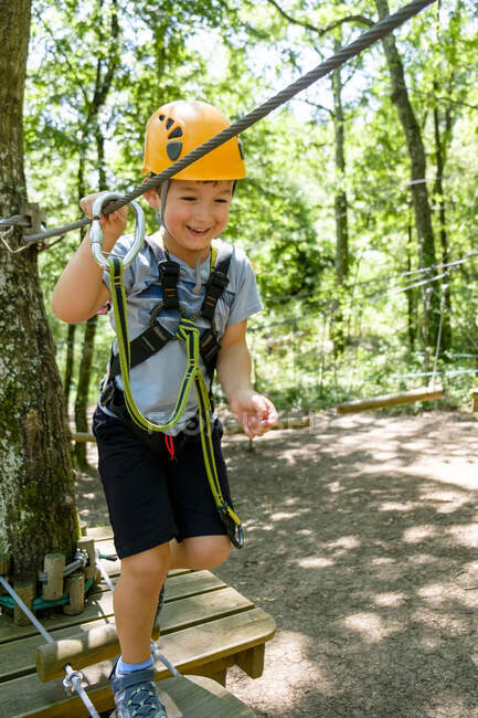 Boy on a high rope course in forest — childhood, one person - Stock ...