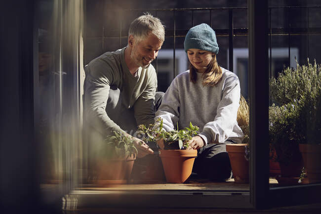 Father and daughter planting flower together on balcony — Stock Photo