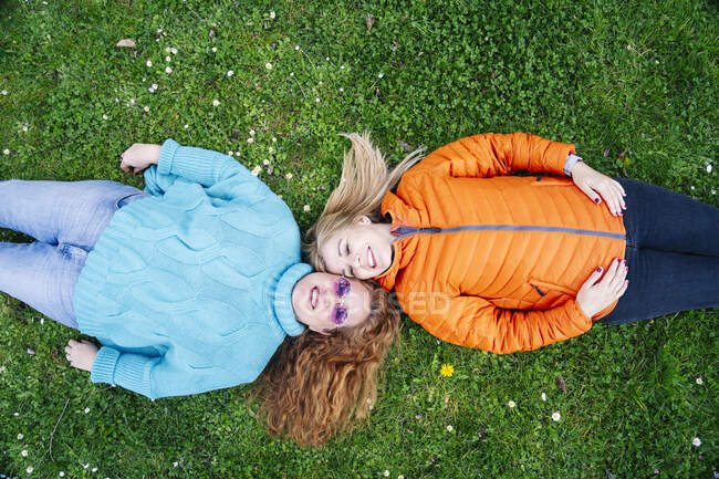 Retrato de dois amigos felizes deitados em um prado — Fotografia de Stock