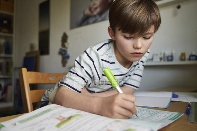 Retrato de menino fazendo lição de casa — Fotografia de Stock