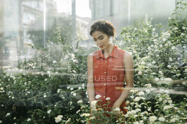 Ritratto di giovane donna in piedi dietro un vetro in un giardino urbano — Foto stock