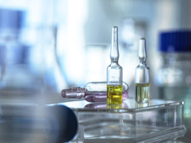 Крупный план различных фармацевтических флаконов, стоящих в лаборатории — стоковое фото