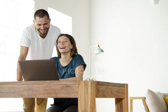 Happy couple working at laptop from home in home office in modern living room — Stock Photo