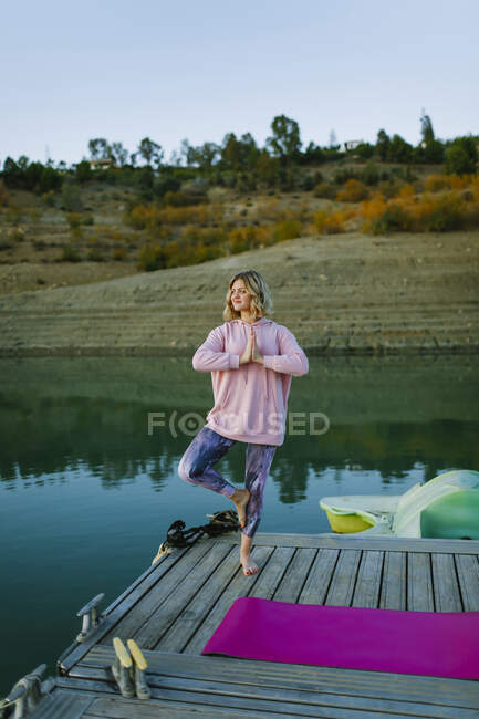 Junge Frau macht Yoga auf einem Steg, Baumstellung — Stockfoto