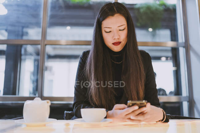 Elegant young woman using smartphone in a cafe — Stock Photo
