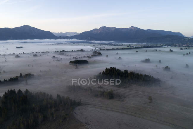 Germania, Baviera, Drone vista Loisach-Kochelsee-Moore paludi avvolte nella nebbia mattutina — Foto stock