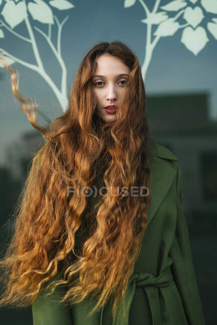 Ritratto di giovane donna dai capelli rossi con capelli che soffiano — Foto stock