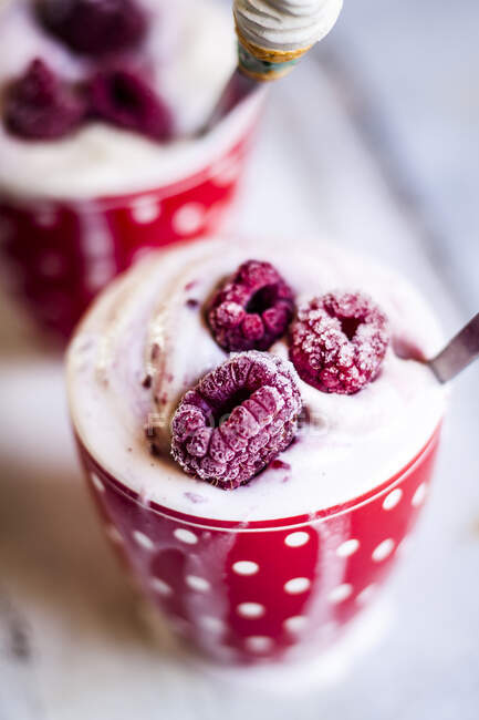 Mug of homemade soft ice cream with raspberries — Stock Photo