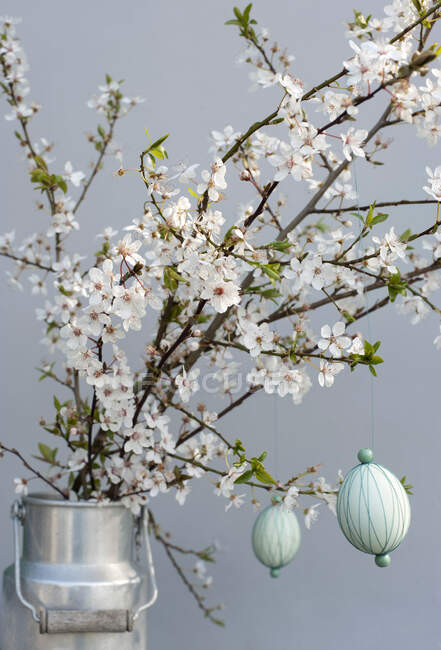 Florecientes ramas de espino negro decoradas con hilados envueltos huevos de Pascua - foto de stock