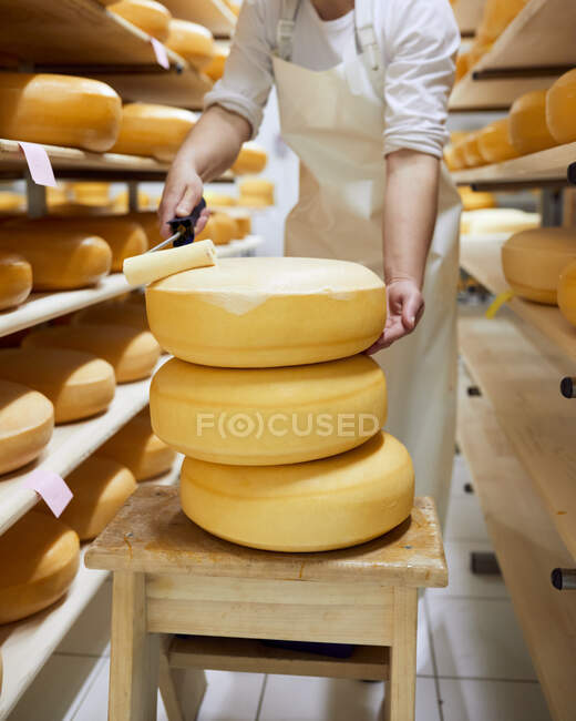 Fromagerie, ouvrière étalant de la cire sur la meule de fromage — Photo de stock