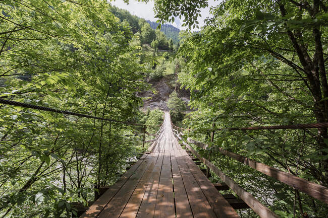Georgia, Ponte sospeso in legno che si estende sul fiume — Foto stock