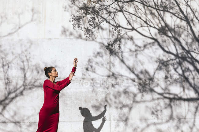 Woman in red dress with dancer pose and tree shadows on  wall — Stock Photo