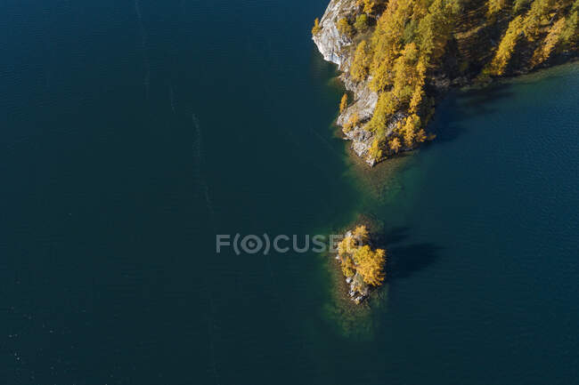 Suiza, Cantón de los Grisones, Saint Moritz, Drone vista de los alerces en la pequeña isla en el lago Sils - foto de stock