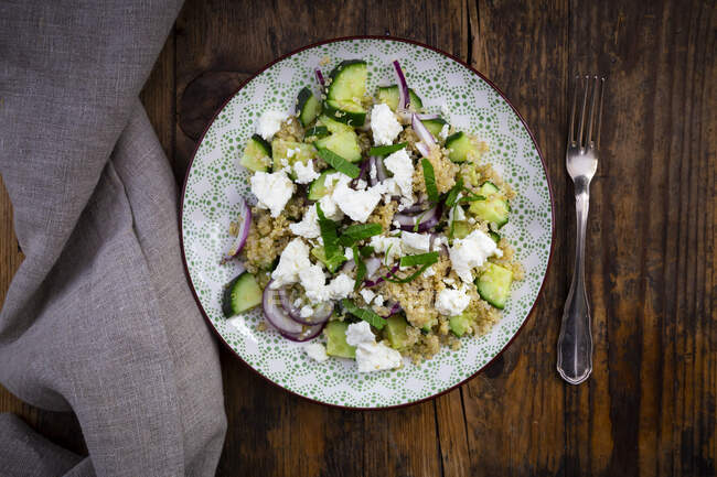 Plate of vegetarian salad with cucumbers, quinoa, feta cheese, red onions and mint — Stock Photo