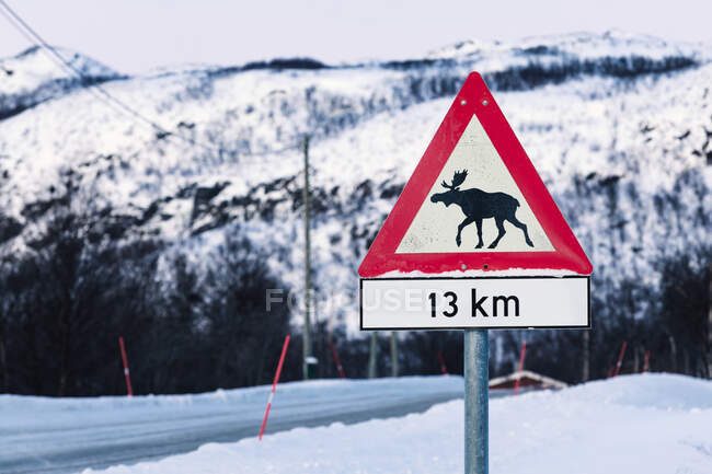 Elk crossing road sign in winter, Lebesby, Noruega — Fotografia de Stock
