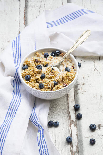 Napkin and bowl of muesli with blueberries — Stock Photo
