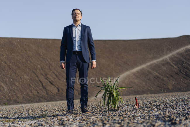 Homme d'affaires debout à côté d'une usine sur une pointe de mine désaffectée — Photo de stock