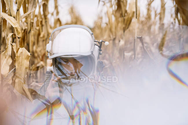 Jeune homme de l'espace debout dans le champ de maïs flétri — Photo de stock