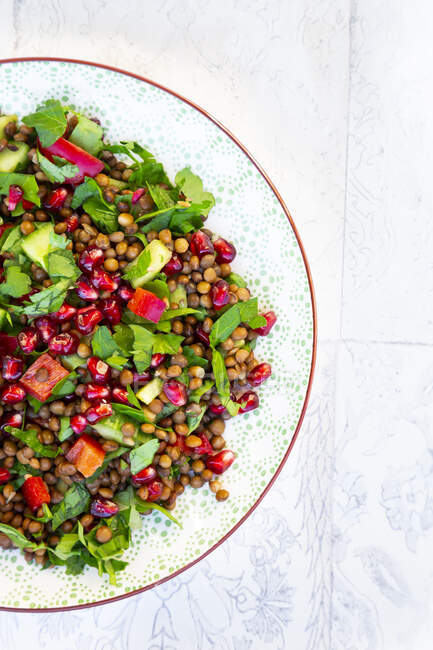 Plate of vegan salad with lentils, cucumber, bell pepper, parsley and pomegranate seeds — Stock Photo