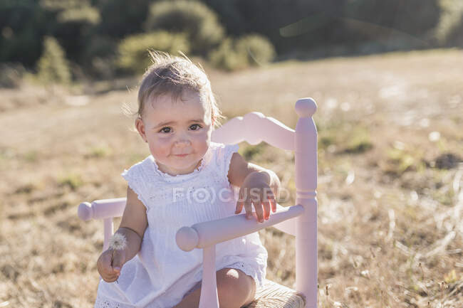 Retrato de la linda niña sentada en la silla en el prado durante el día soleado - foto de stock
