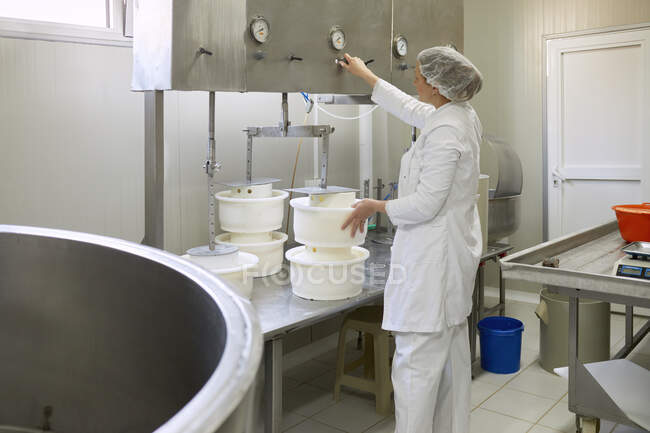 Сырная фабрика, работница с сырными формами и прессом — стоковое фото