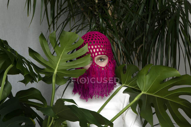 Retrato de adolescente con tocado rosa de ganchillo escondido detrás de las hojas de Monstera - foto de stock