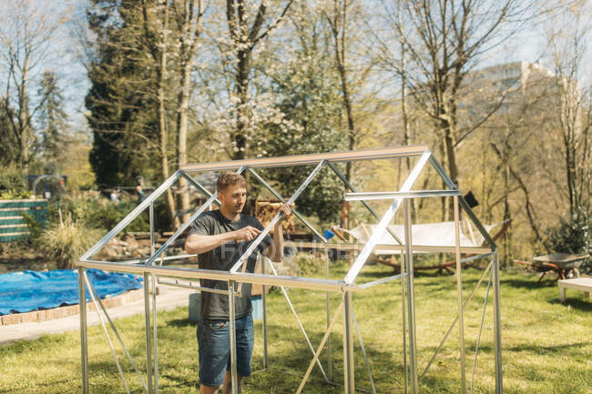 Mittlerer erwachsener Mann baut bei sonnigem Tag Gewächshaus im Hof — Stockfoto