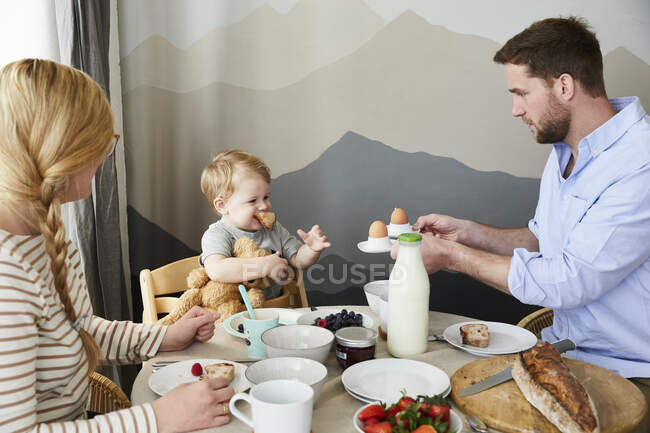 Мальчик, сидящий за завтраком со своими родителями — стоковое фото