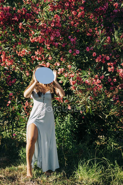 Young woman wearing dress holding mirror while standing by plants in park on sunny day — Stock Photo