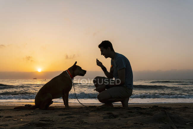 Мужчина разговаривает со своей собакой на пляже на рассвете — стоковое фото
