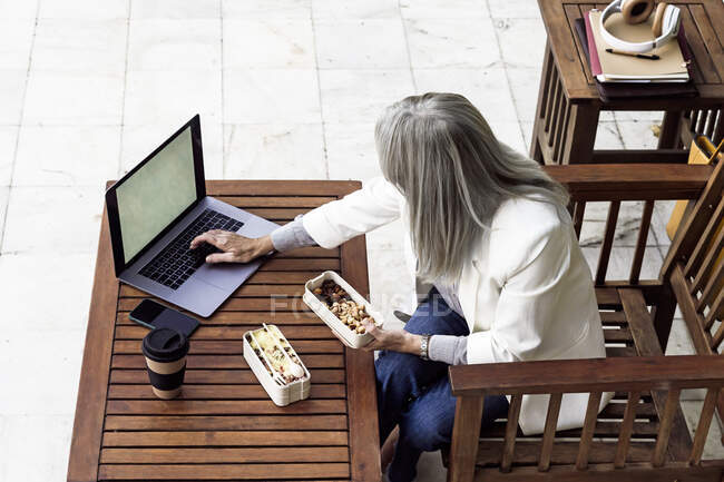 Geschäftsfrau mit grauen Haaren benutzt Laptop beim Mittagessen im Garten — Stockfoto