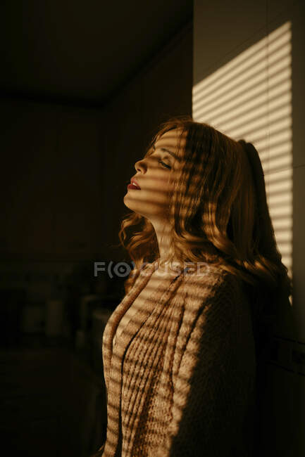 Retrato de una hermosa mujer rubia en casa a la luz del sol - foto de stock