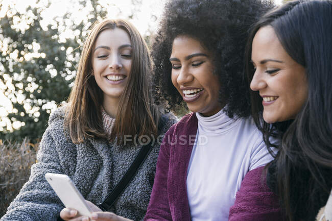 Jovem alegre mostrando telefone inteligente para amigos do sexo feminino enquanto sentado no parque — Fotografia de Stock