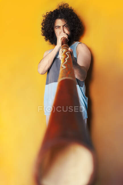 Verrückter Mann mit lockigem Haar spielt Didgeridoo, während er vor gelbem Hintergrund steht — Stockfoto