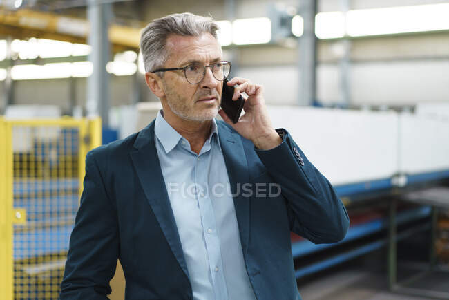 Homme d'affaires mature au téléphone dans une usine — Photo de stock