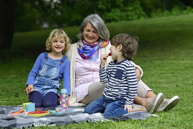 Happy grandmother enjoying picnic with grandchildren at park — Stock Photo
