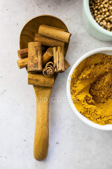 Cannella e curry in polvere — Foto stock