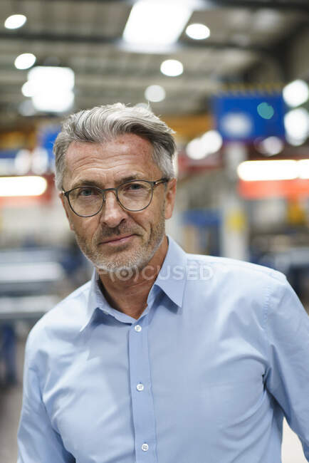 Portrait of a confident mature businessman in a factory — Stock Photo