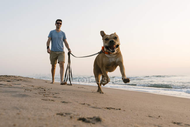 Uomo con il suo cane che corre in spiaggia all'alba — Foto stock
