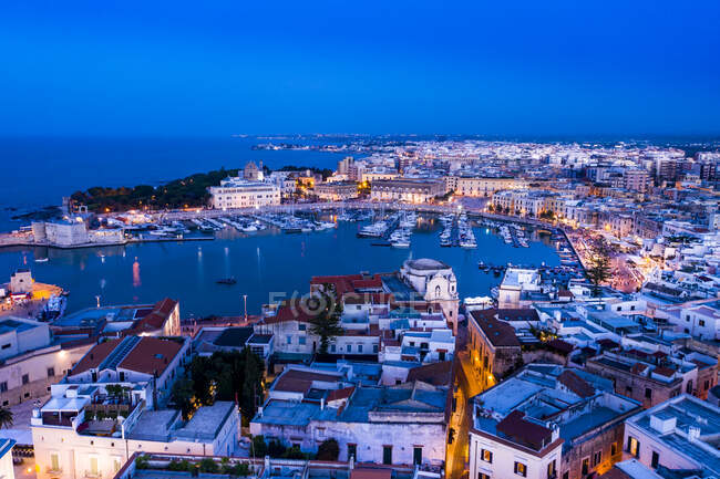 Italia, Puglia, Trani, Porto e Cattedrale di San Nicola Pellegrino di notte, vista aerea — Foto stock
