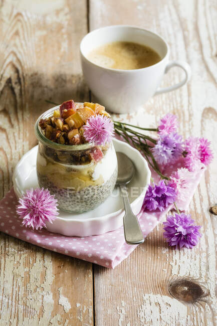 Rhubarb dessert with chia pudding, vegan and sugar-free — Stock Photo