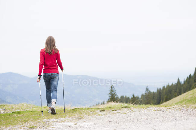 Vista trasera de la mujer con bastones de senderismo - foto de stock