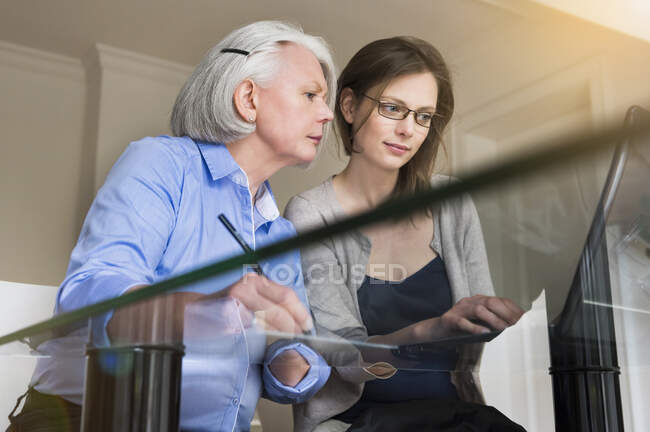 Retrato de la mujer mayor y la hija adulta trabajando juntos en el ordenador portátil - foto de stock