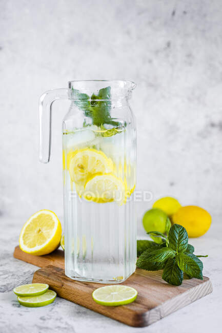 Детоксикационная вода с лимоном, лаймом, мятой и кубиками льда — стоковое фото