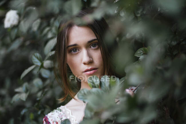 Belle femme regardant à travers les feuilles vertes — Photo de stock