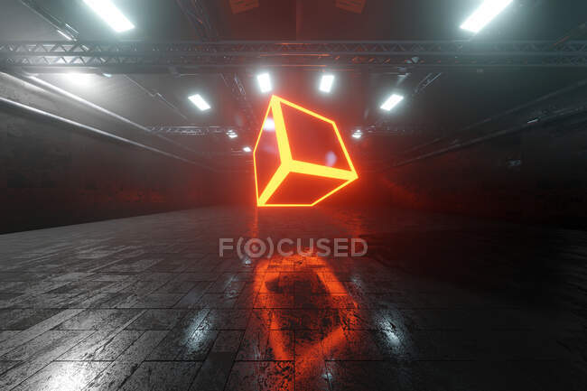 Renderização tridimensional de cubo brilhante dentro do armazém escuro — Fotografia de Stock
