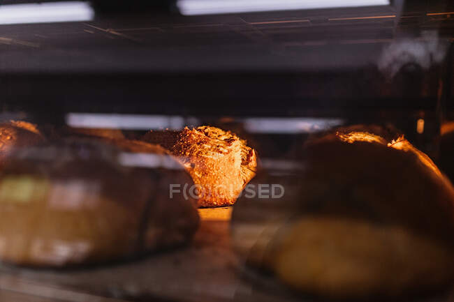 Primer plano del pan horneado en el horno — Stock Photo