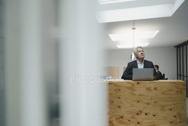 Senior businessman using laptop on counter, looking up smiling — Stock Photo