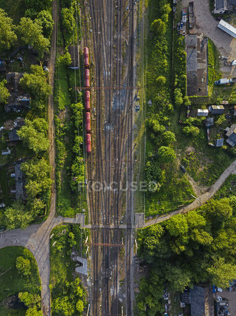 Russia, Leningrad Oblast, Tikhvin, Aerial view of stationary railroad cars — Stock Photo